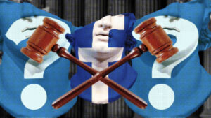 Three busts superimposed over a background of a courthouse. The bust in the middle is blue with the Facebook 'f' over its face. The other two have questions marks on their faces. Two gavels cross over the center bust.