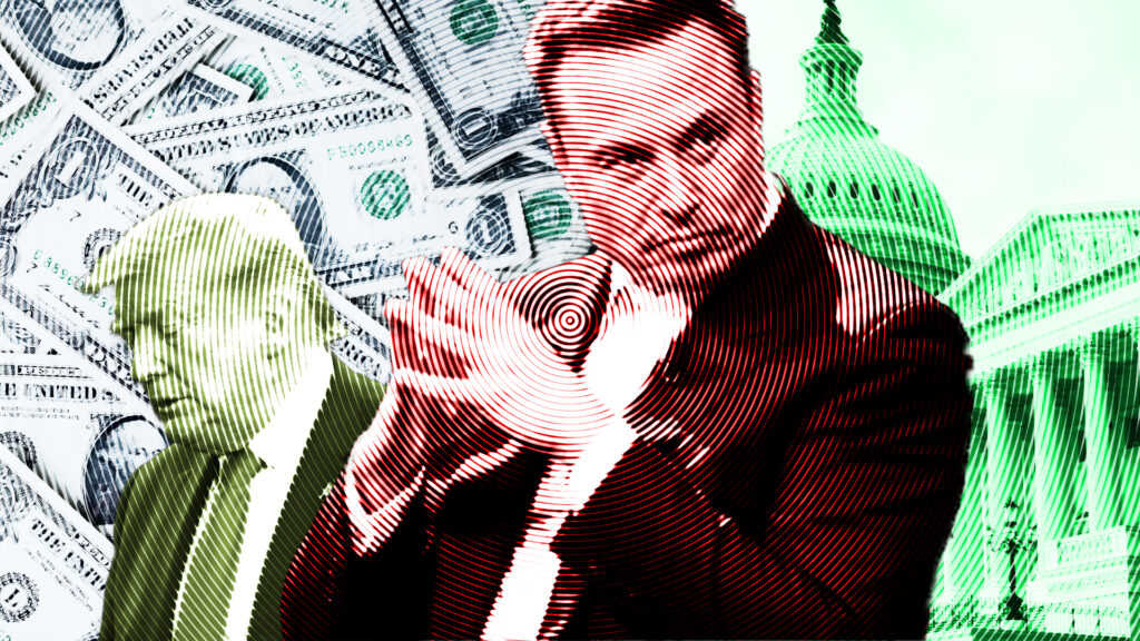 Elon Musk (with Donald Trump close behind) atop a background of dollar bills and the US House of Representatives.