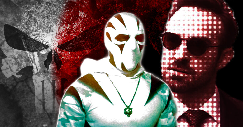A photo collage. In the center there is a costumed vigilante known as the White Tiger. Behind him and to the left, there is a Punisher skull symbol. Behind him and to the right is head shot of Matt Murdock wearing a somewhat troubled expression.