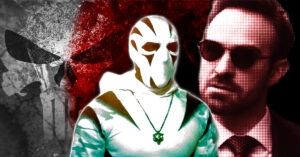A photo collage. In the center there is a costumed vigilante known as the White Tiger. Behind him and to the left, there is a Punisher skull symbol. Behind him and to the right is head shot of Matt Murdock wearing a somewhat troubled expression.